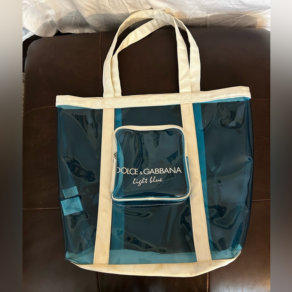 DOLCE & GABBANA DG XL LIGHT BLUE TOTE BEACH BAG VINYL SEE-THROUGH 18" X15"